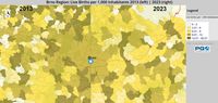 Map comparing births per 1,000 inhabitants 2013 and 2023